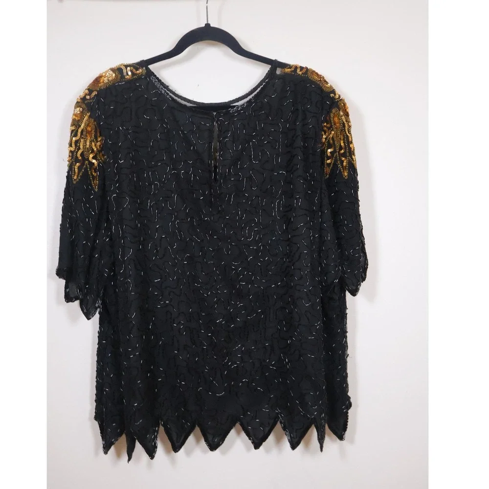 Laurence Kazar Blouse Black Gold Sequin Vintage Glam‎